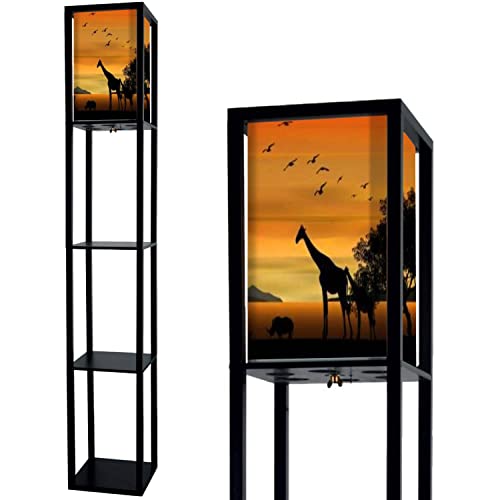 JITHCG African Nature African Savanna Landscape Standing Lamp with Shelves Flaxen Fabric Shade Floor Lamp Tall lamp Corner Bedside Lamp for Living Room Bedroom Aesthetic Decor