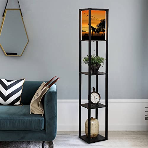 JITHCG African Nature African Savanna Landscape Standing Lamp with Shelves Flaxen Fabric Shade Floor Lamp Tall lamp Corner Bedside Lamp for Living Room Bedroom Aesthetic Decor