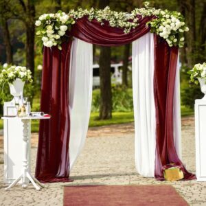 wedding arch draping fabric, 2 panels burgundy sheer backdrop curtain tulle fabric drapery for arbor wedding archway ceremony party ceiling decor backdrop