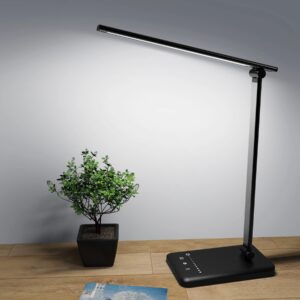 sylvwin led desk lamp dimmable, desk light with usb charging port for home office,5-level brightness & 5 lighting modes, touch control, auto timer 45min, eye-caring table lamps black