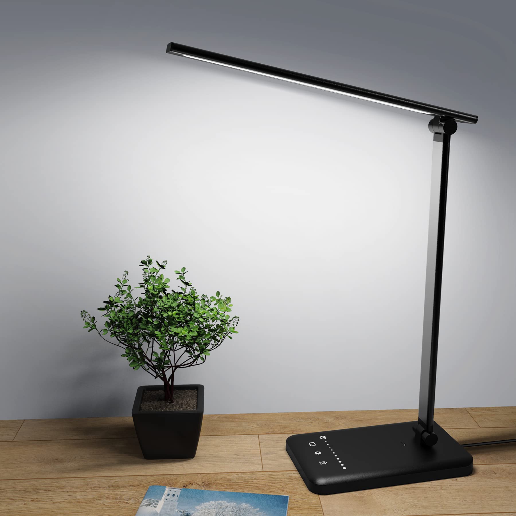 sylvwin LED Desk Lamp Dimmable, Desk Light with USB Charging Port for Home Office,5-Level Brightness & 5 Lighting Modes, Touch Control, Auto Timer 45min, Eye-Caring Table Lamps Black