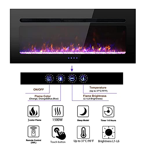 40 Inch Electric Fireplace Inserts, Low Noise Wall Mounted Fireplace Heater with Remote Control, 1-8 Hrs Timer, Touch Screen, Adjustable Flame Color and Speed for Living Room Bedroom