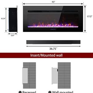 40 Inch Electric Fireplace Inserts, Low Noise Wall Mounted Fireplace Heater with Remote Control, 1-8 Hrs Timer, Touch Screen, Adjustable Flame Color and Speed for Living Room Bedroom