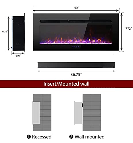 40 Inch Electric Fireplace Inserts, Low Noise Wall Mounted Fireplace Heater with Remote Control, 1-8 Hrs Timer, Touch Screen, Adjustable Flame Color and Speed for Living Room Bedroom