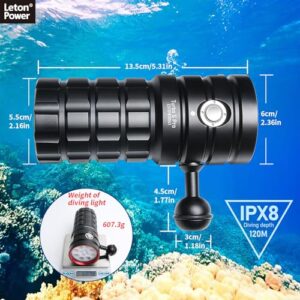 LetonPower Turbo S Pro Dive Light, 13000Lumens 100m Underwater Video Light,Diving Flashlight,Waterproof Flashlight with Type-C Charging for Professional Under Water Sports