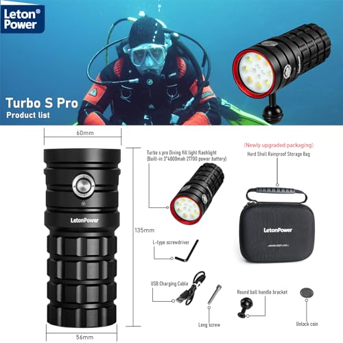 LetonPower Turbo S Pro Dive Light, 13000Lumens 100m Underwater Video Light,Diving Flashlight,Waterproof Flashlight with Type-C Charging for Professional Under Water Sports