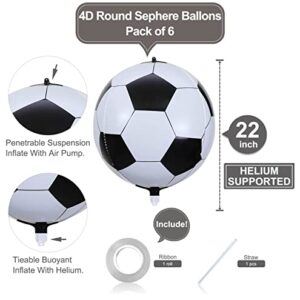 6 Pack Giant 22 Inch Soccer Foil Balloons 4D Sephere Mylar Football Balloons Helium Metallic Balloons for Birthday Party Sports Themed World Cup Party Decorations