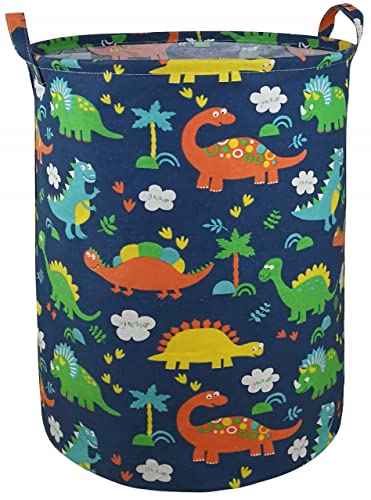 ACMUUNI Round Canvas Clothes Basket Laundry Hamper dark blue dinosaur