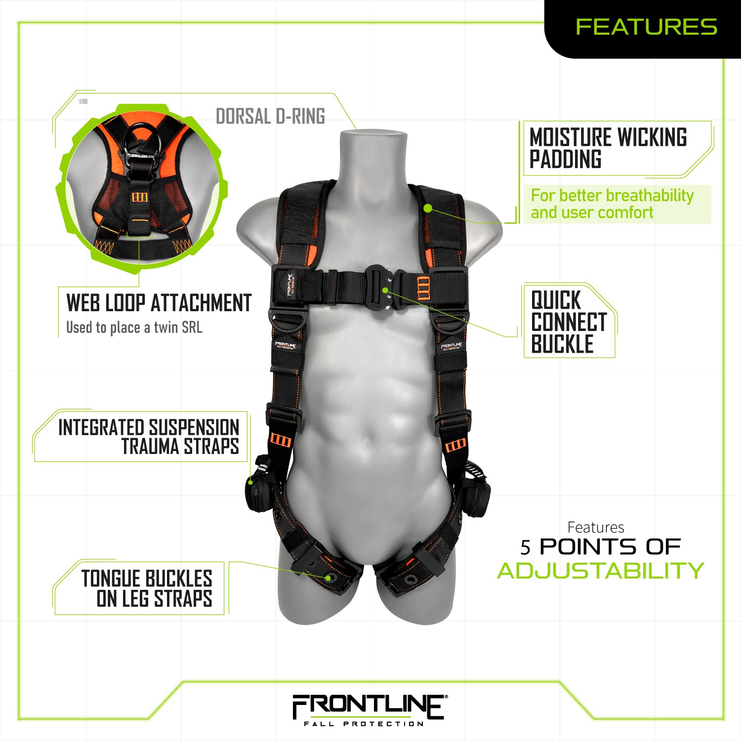 Frontline 110VTB Combat™ Lite Vest Style Harness with Aluminum Hardware and Suspension Trauma Straps | Quick Connect Buckle | OSHA and ANSI Compliant (Size: M-L)