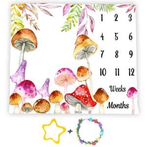 mushroom theme baby monthly milestone blanket, 48x40in soft flannel, watercolor backgrounds, newborn mom gifts, baby shower age growth tracker with bonus maker btlsss1