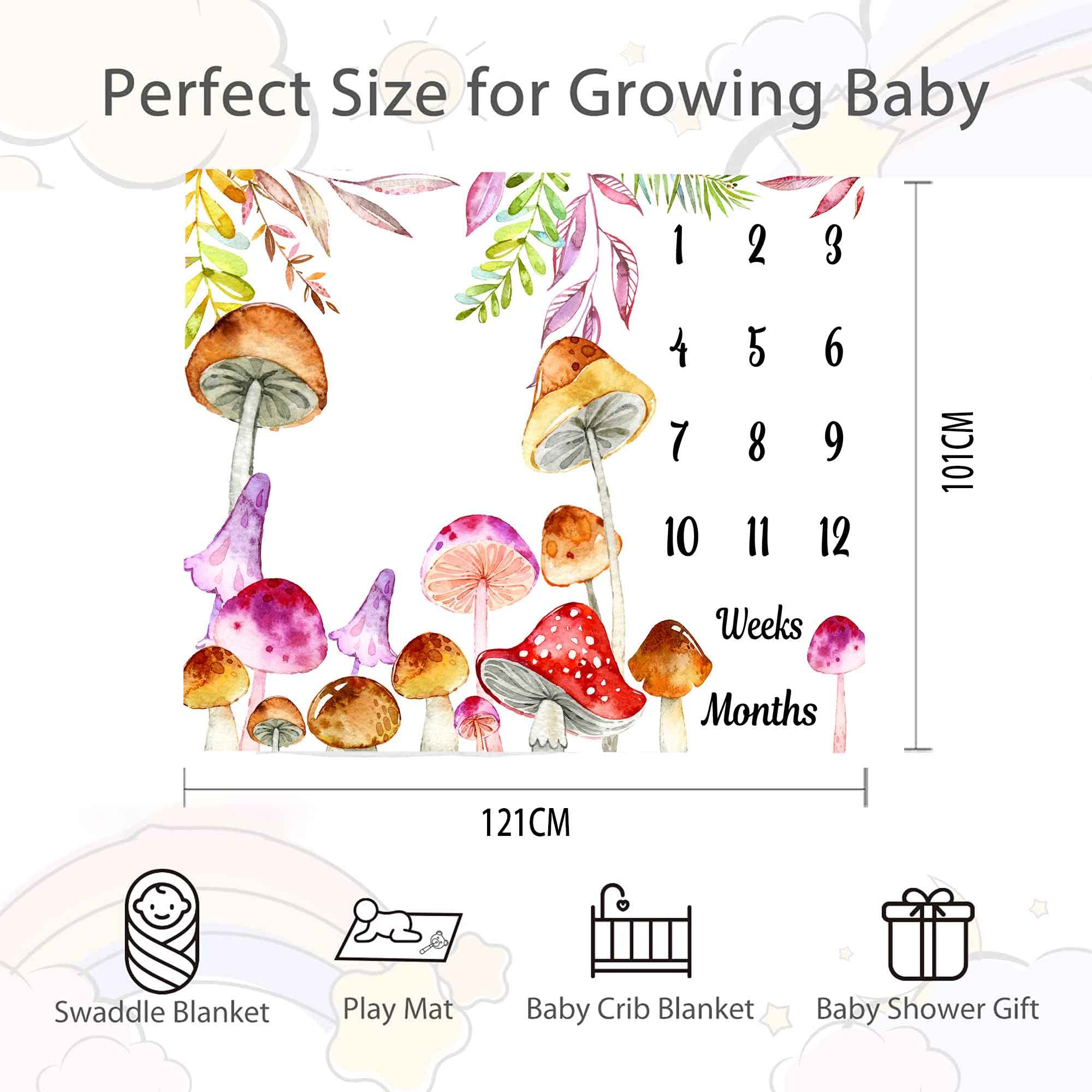 Mushroom Theme Baby Monthly Milestone Blanket, 48x40in Soft Flannel, Watercolor Backgrounds, Newborn Mom Gifts, Baby Shower Age Growth Tracker with Bonus Maker BTLSSS1