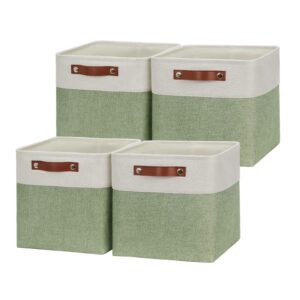 hnzige fabric cube storage baskets bins cube baskets 11x11, set of 4, foldable storage cube bin baskets for shelves with handles, bins for cube organizer home toy nursery closet bedroom(green white)