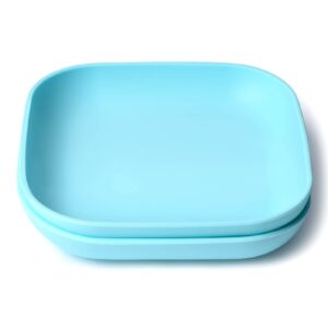 babelio silicone toddler plates, 2 pack undivided baby self feeding utensils, bpa free, microwave, oven and dishwasher safe, soft and durable silicone tray (azure)