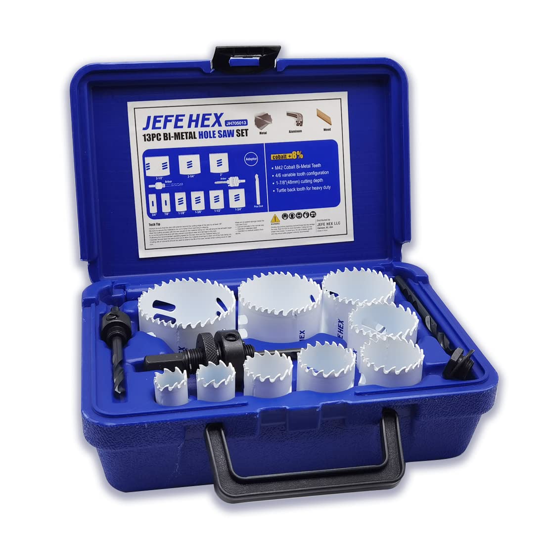 JEFE HEX 13-Piece Hole Saw Set, Bi-Metal Hole Saw Kit, M42 Bi-metal Hole Cutter Set with 9-Pc Hole Saw-3/4",7/8",1-1/8",1-3/8",1-1/2"1-3/4",2",2-1/4" and 2-1/2" for Metal, Wood, Plywood, Drywall, PVC