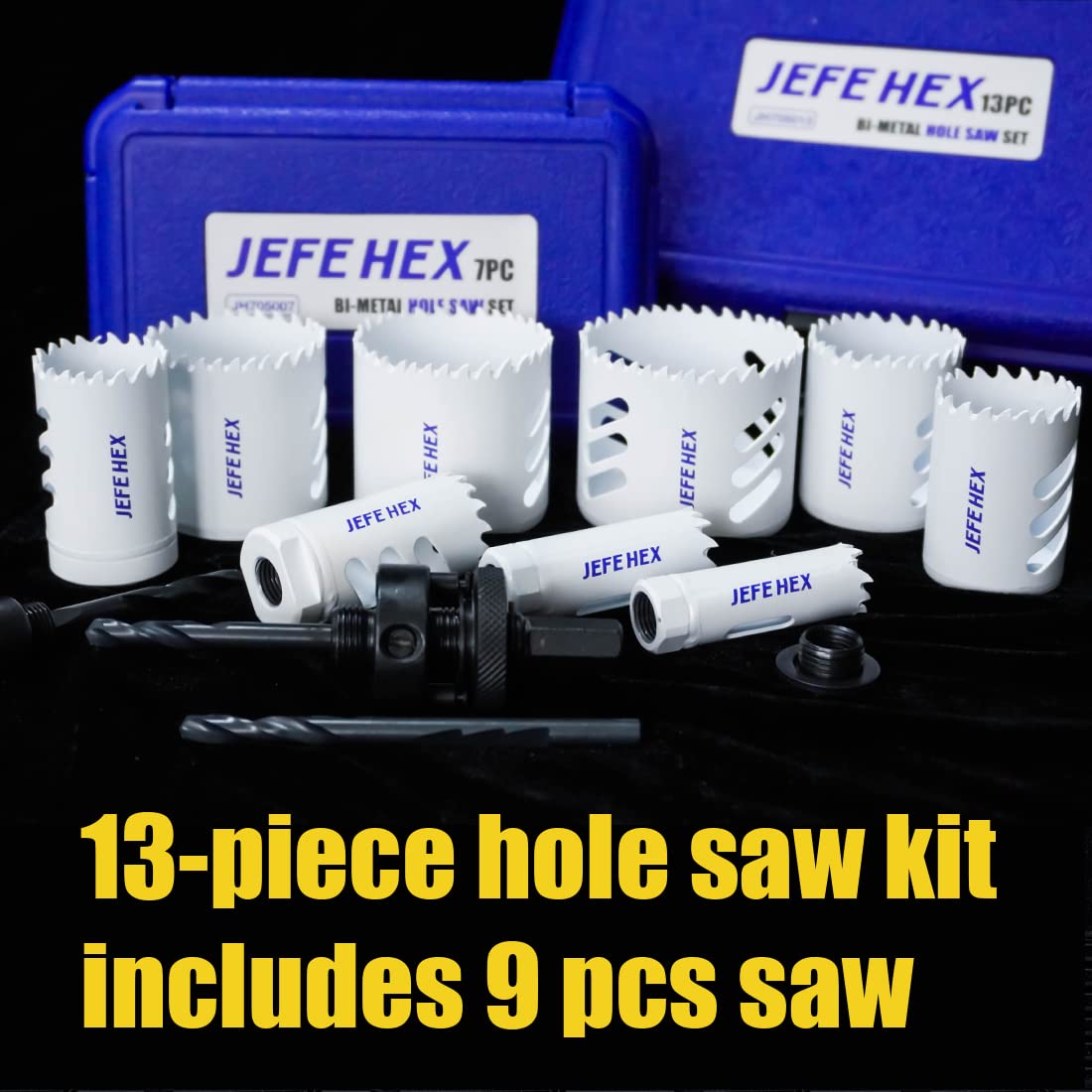 JEFE HEX 13-Piece Hole Saw Set, Bi-Metal Hole Saw Kit, M42 Bi-metal Hole Cutter Set with 9-Pc Hole Saw-3/4",7/8",1-1/8",1-3/8",1-1/2"1-3/4",2",2-1/4" and 2-1/2" for Metal, Wood, Plywood, Drywall, PVC