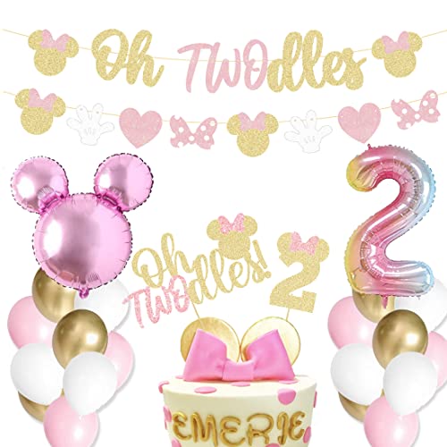 Oh Twodles Balloons Pink Mouse Second Birthday Mouse Banner Cake Topper 2nd Banner Party Supplies Decorations Photo Prop for Girl Baby Bday Pink