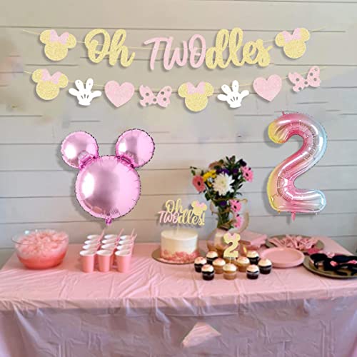 Oh Twodles Balloons Pink Mouse Second Birthday Mouse Banner Cake Topper 2nd Banner Party Supplies Decorations Photo Prop for Girl Baby Bday Pink