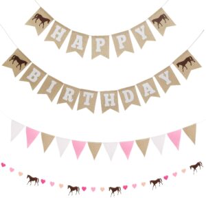 Horse Birthday Decorations – Happy Birthday Burlap Banner – Felt Horse Garland and Pennant Banner – Horse Party Supplies