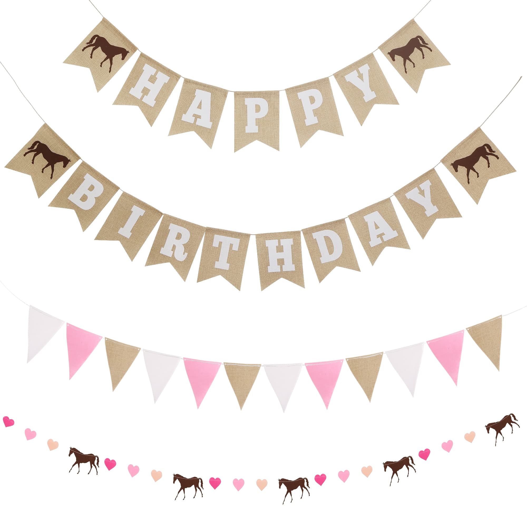 Horse Birthday Decorations – Happy Birthday Burlap Banner – Felt Horse Garland and Pennant Banner – Horse Party Supplies