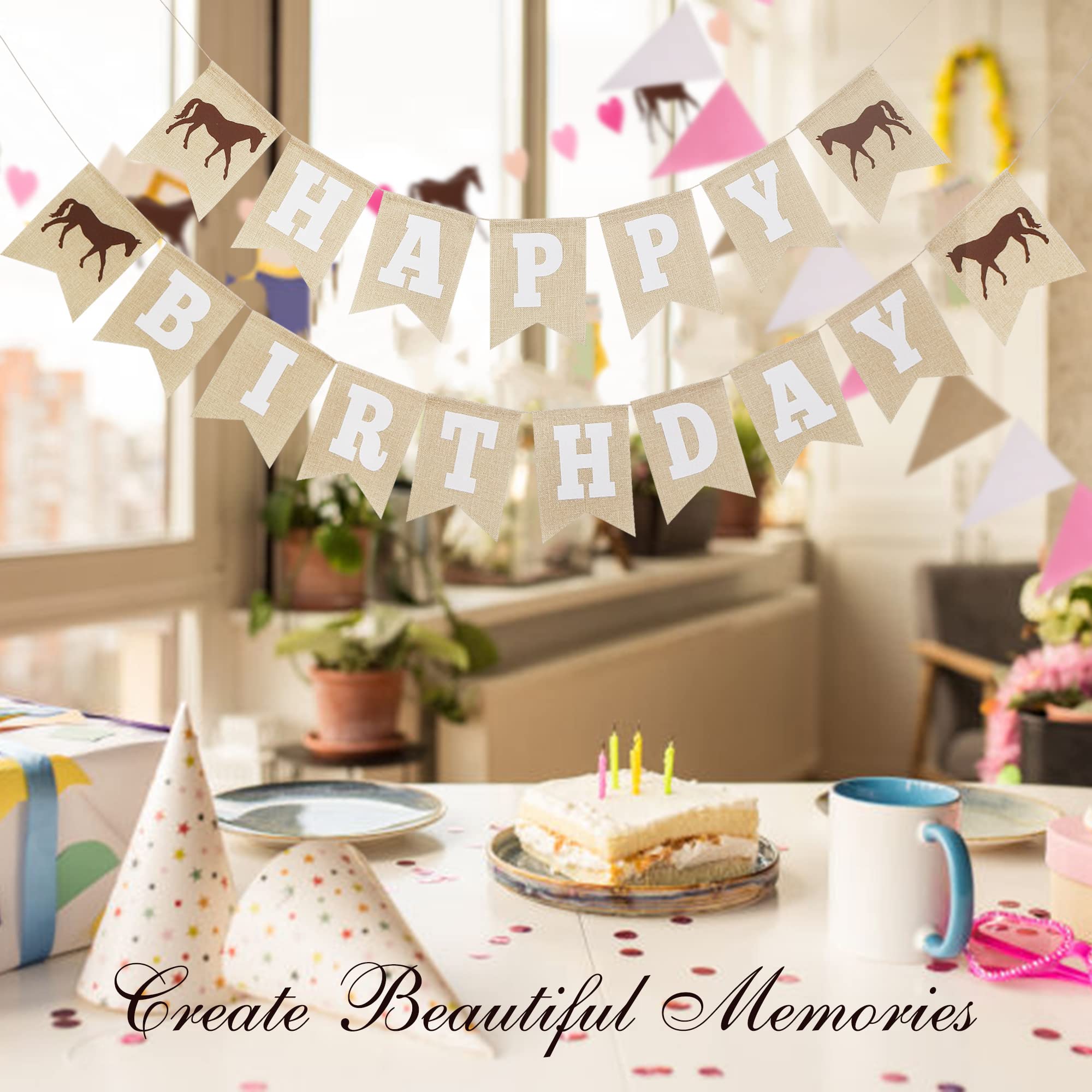 Horse Birthday Decorations – Happy Birthday Burlap Banner – Felt Horse Garland and Pennant Banner – Horse Party Supplies