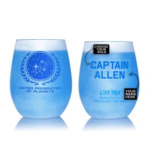 star trek personalized federation of planets stemless wine glass - premium quality licensed, handcrafted glassware, 15oz collectible gift for series lovers
