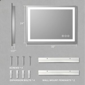 FITLAND 32"x 24" LED Bathroom Mirror Vanity Mirror, Anti-Fog, Dimmable, Color Temperature Adjustable 3000-6000K, Switch-held Memory Led Wall Mirror Suitable for Bathroom, Vanity (Vertical/Horizontal)