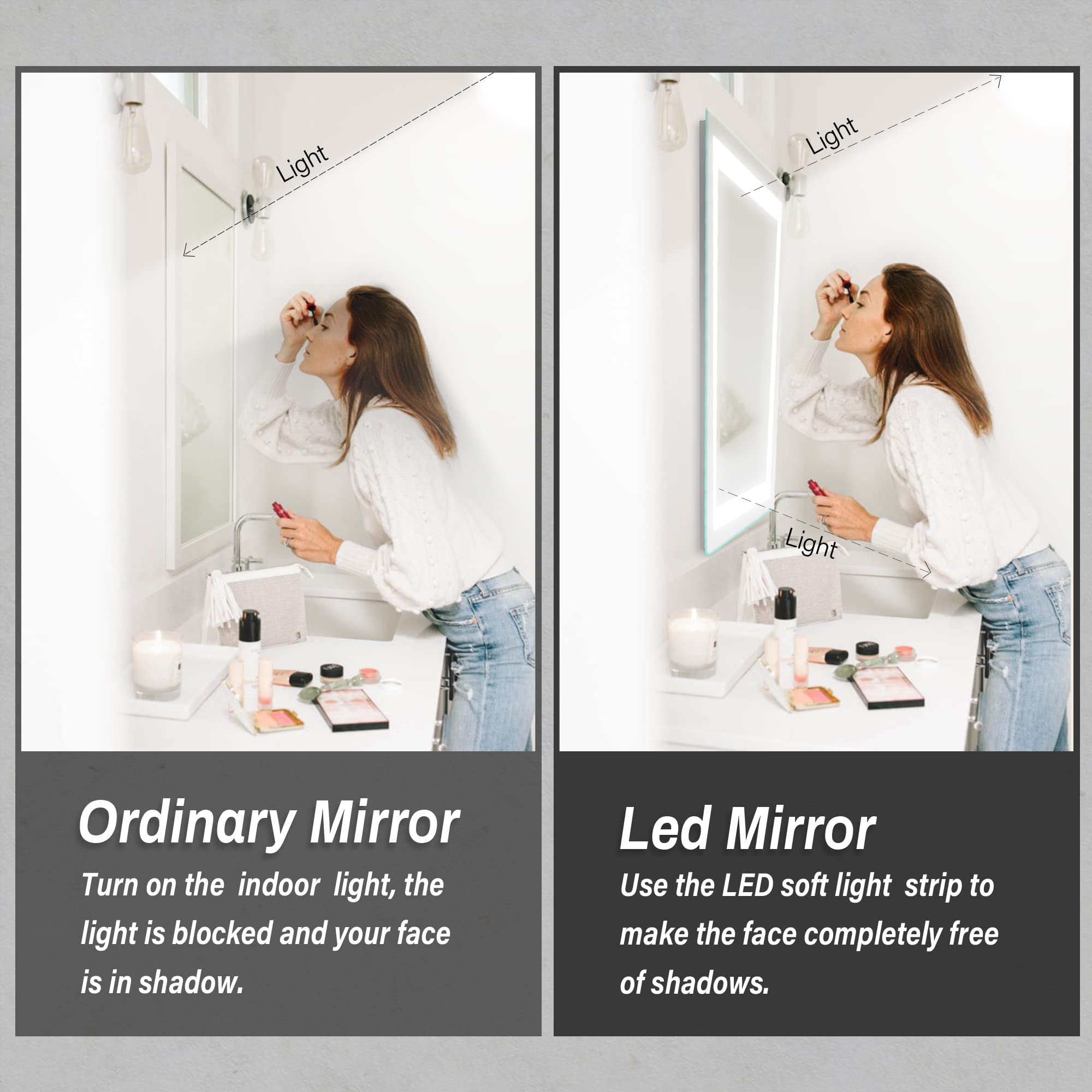 FITLAND 32"x 24" LED Bathroom Mirror Vanity Mirror, Anti-Fog, Dimmable, Color Temperature Adjustable 3000-6000K, Switch-held Memory Led Wall Mirror Suitable for Bathroom, Vanity (Vertical/Horizontal)