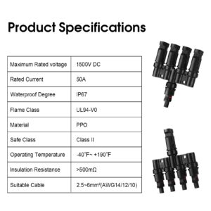 PAEKQ 4 to 1 Solar Panel Connectors T Branch Connectors Cable Splitter Coupler 1 Male to 4 Female (M/4F) and 1 Female to 4 Male (F/4M) for Parallel Connection Between Solar Panels (1 Pair)