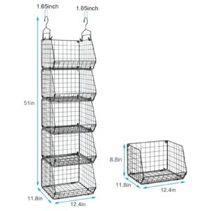 5 Tier Closet Hanging Organizer, Clothes Hanging Shelves with 4 Hanging Hooks 5 S Hooks, Wire Storage Basket Bins, for Clothing Sweaters Shoes Handbags Clutches Accessories Patent Design