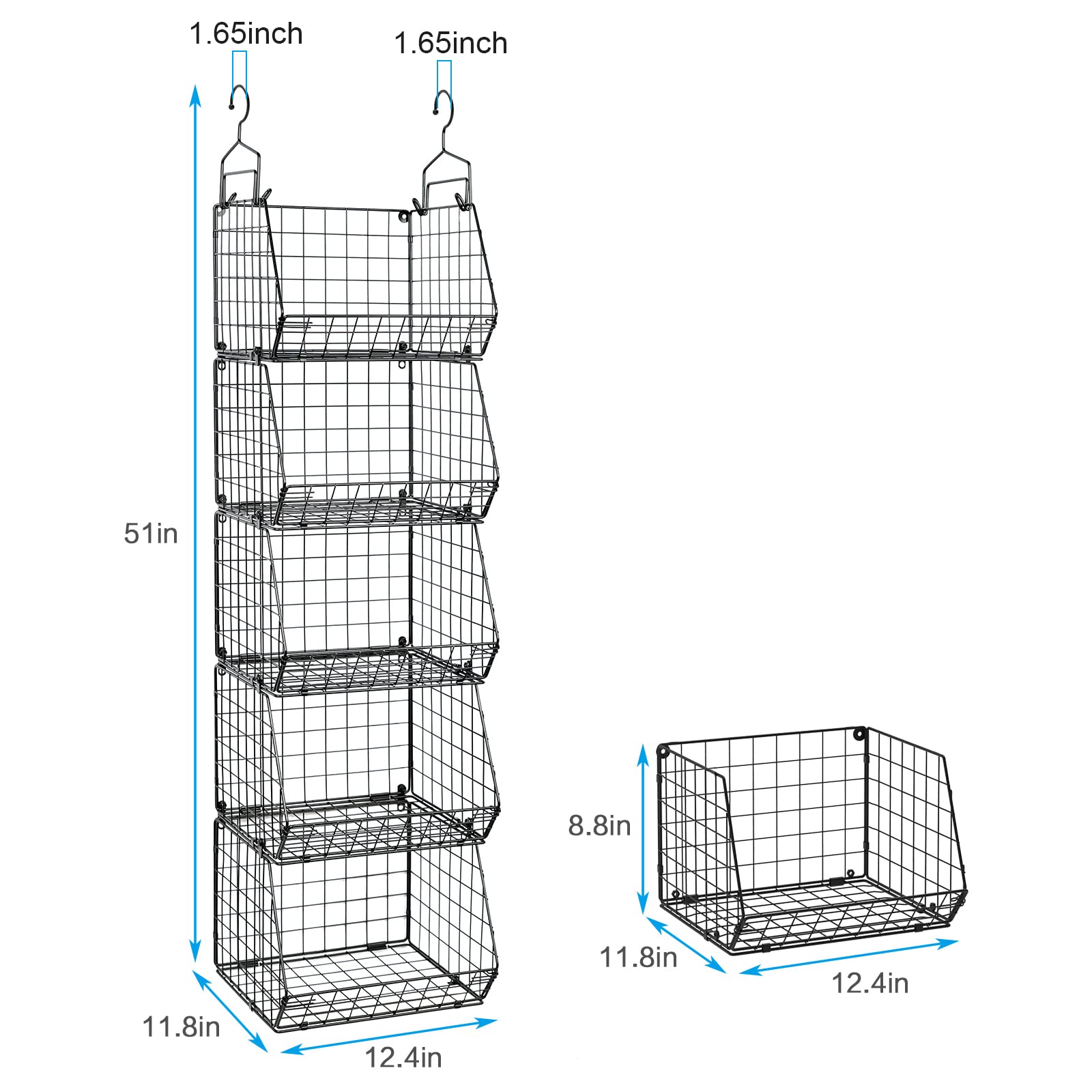 5 Tier Closet Hanging Organizer, Clothes Hanging Shelves with 4 Hanging Hooks 5 S Hooks, Wire Storage Basket Bins, for Clothing Sweaters Shoes Handbags Clutches Accessories Patent Design