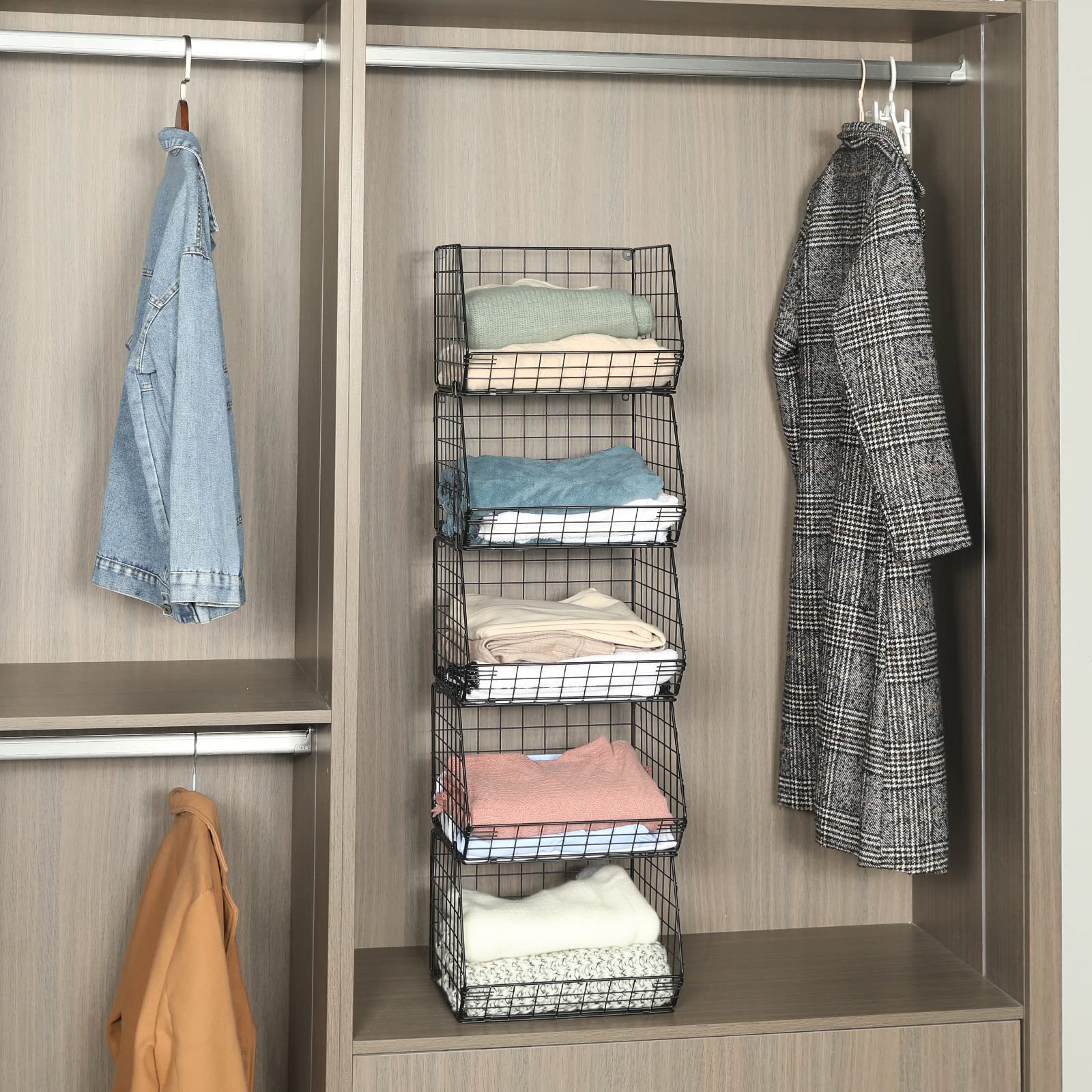 5 Tier Closet Hanging Organizer, Clothes Hanging Shelves with 4 Hanging Hooks 5 S Hooks, Wire Storage Basket Bins, for Clothing Sweaters Shoes Handbags Clutches Accessories Patent Design