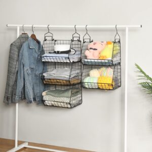 5 Tier Closet Hanging Organizer, Clothes Hanging Shelves with 4 Hanging Hooks 5 S Hooks, Wire Storage Basket Bins, for Clothing Sweaters Shoes Handbags Clutches Accessories Patent Design