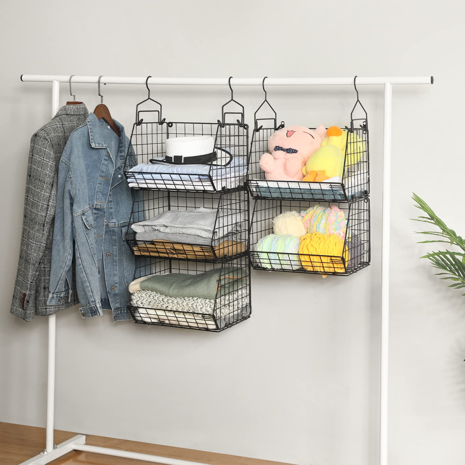 5 Tier Closet Hanging Organizer, Clothes Hanging Shelves with 4 Hanging Hooks 5 S Hooks, Wire Storage Basket Bins, for Clothing Sweaters Shoes Handbags Clutches Accessories Patent Design