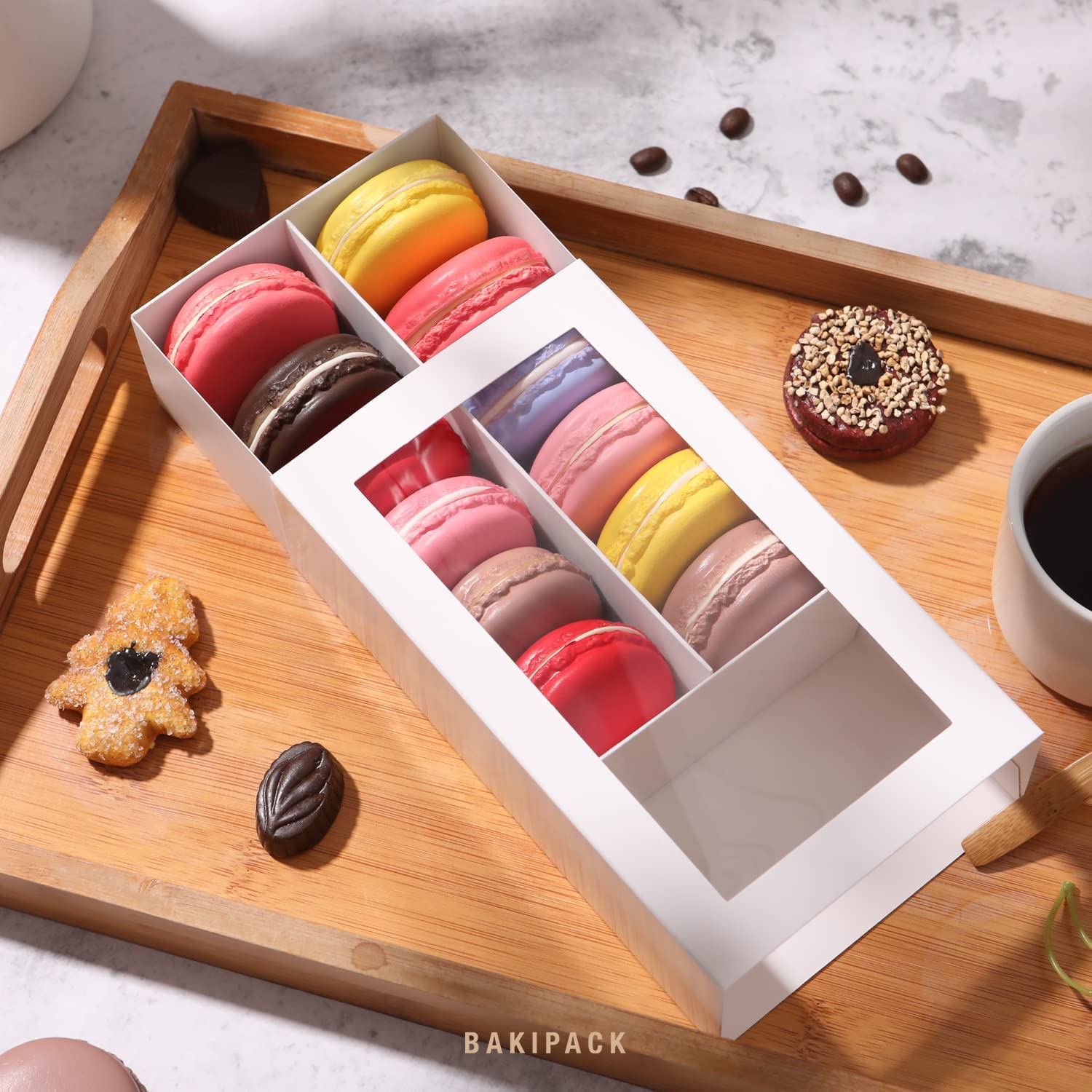 BAKIPACK 15 Macaron Boxes, Macaron Gift Box for 12 (Interior Measurement 7.3×4.2 ×1.9 Inches), Macaron Packaging Boxes with Clear Window White without Macarons inside