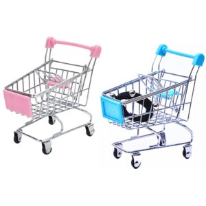 mini supermarket handcart 2 pcs mini shopping cart supermarket handcart shopping utility cart mode desk storage toy holder(pink&light blue)