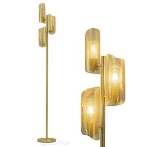 brightech lyra led tree floor lamp for mid-century modern, contemporary, industrial décor, 3 light head standing lamp with metal cage shade, standing pole tall lamp for living room, bedroom - brass