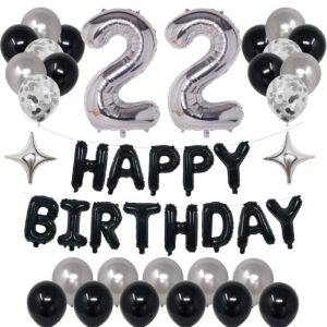 naninuneno 22nd black silver birthday party decorations for men women, happy 22 birthday party supplies with black happy birthday banner,22 number balloons, silver foil stars, happy birthday balloons