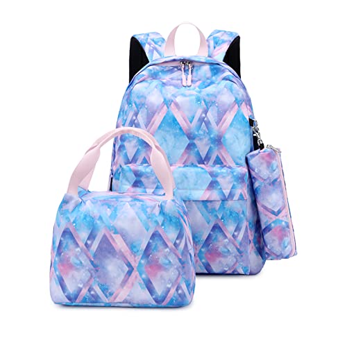 Tanou Backpacks for Teen Girls 3PCs with Lunch Bag Pen Case, Breathable Lightweight Teenager Girl Bookbags for Elementary Middle School, 22L Cute Back Packs with USB Charging Port, Blue Line