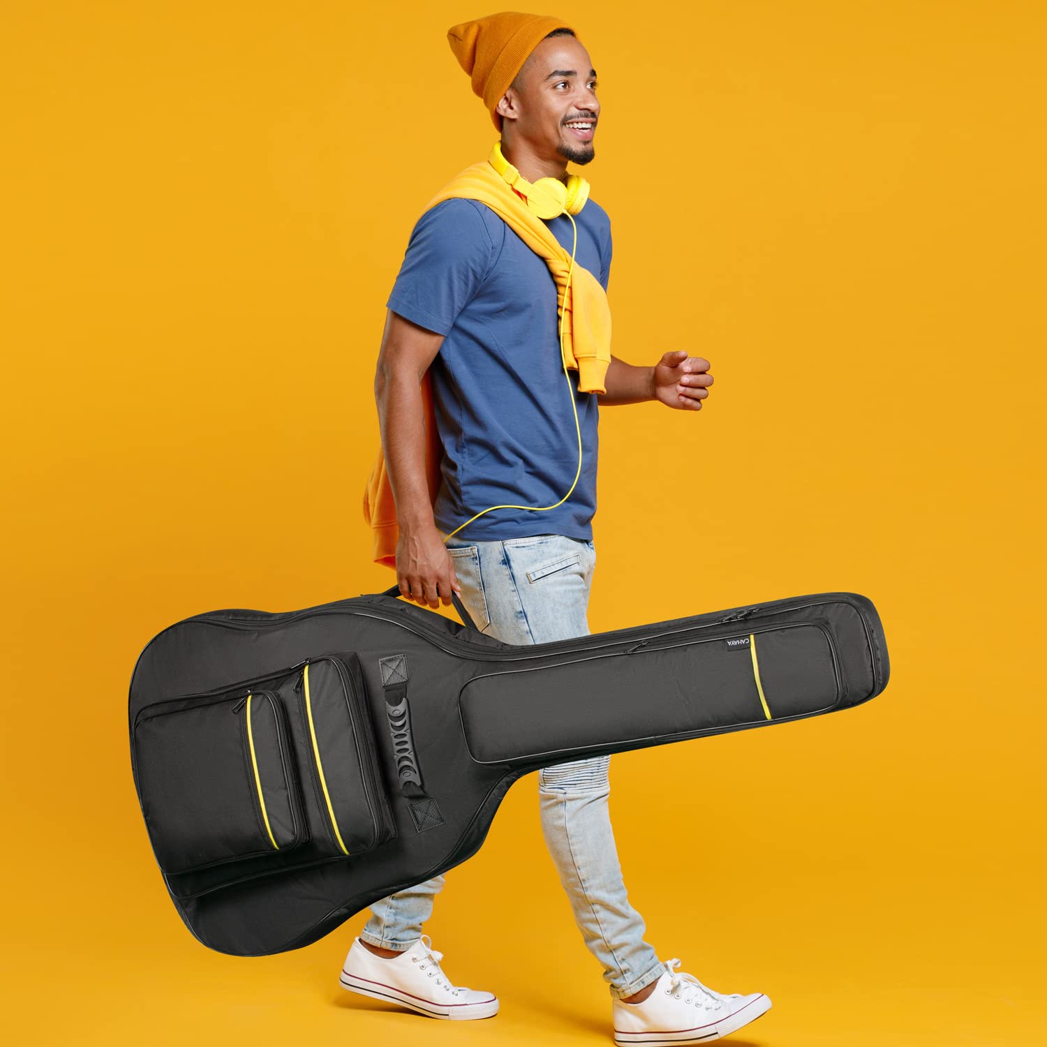 CAHAYA 44 Inch Guitar Bag Multi-pockets for Jumbo and Dreadnought Yellow Line Guitar Case 0.47in Thick Padding Water Resistent Dual Adjustable Shoulder Strap Gig Bag with Back Hanger Loop CY0284