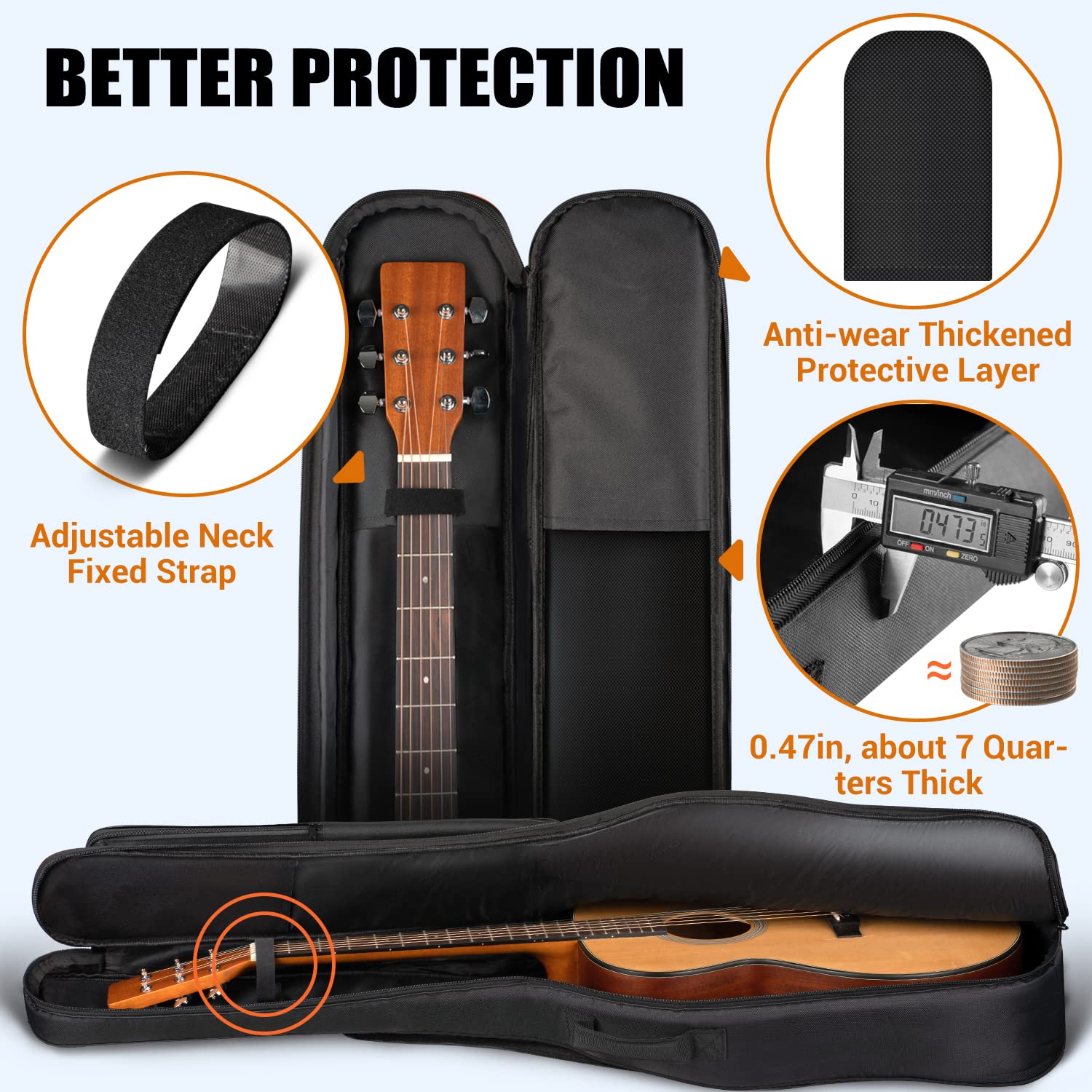 CAHAYA 44 Inch Guitar Bag Multi-pockets for Jumbo and Dreadnought Yellow Line Guitar Case 0.47in Thick Padding Water Resistent Dual Adjustable Shoulder Strap Gig Bag with Back Hanger Loop CY0284