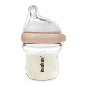 haakaa gen.3 natural glass baby bottle 4.2oz/120ml - wide neck, anti-colic slow flow nipple,easy to clean, 0m+ breastfed babies, newborn registry essentials,bpa free-peach