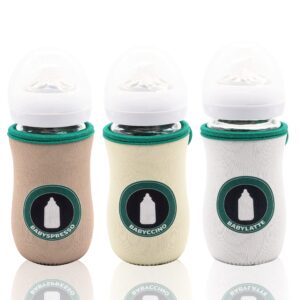 kanudle glass baby bottle sleeve covers for 8 oz philips avent | adjustable sleeves | heat and cold retention | neoprene | non slip grip | set of 3 (babyccino, babyspresso, babylatte)