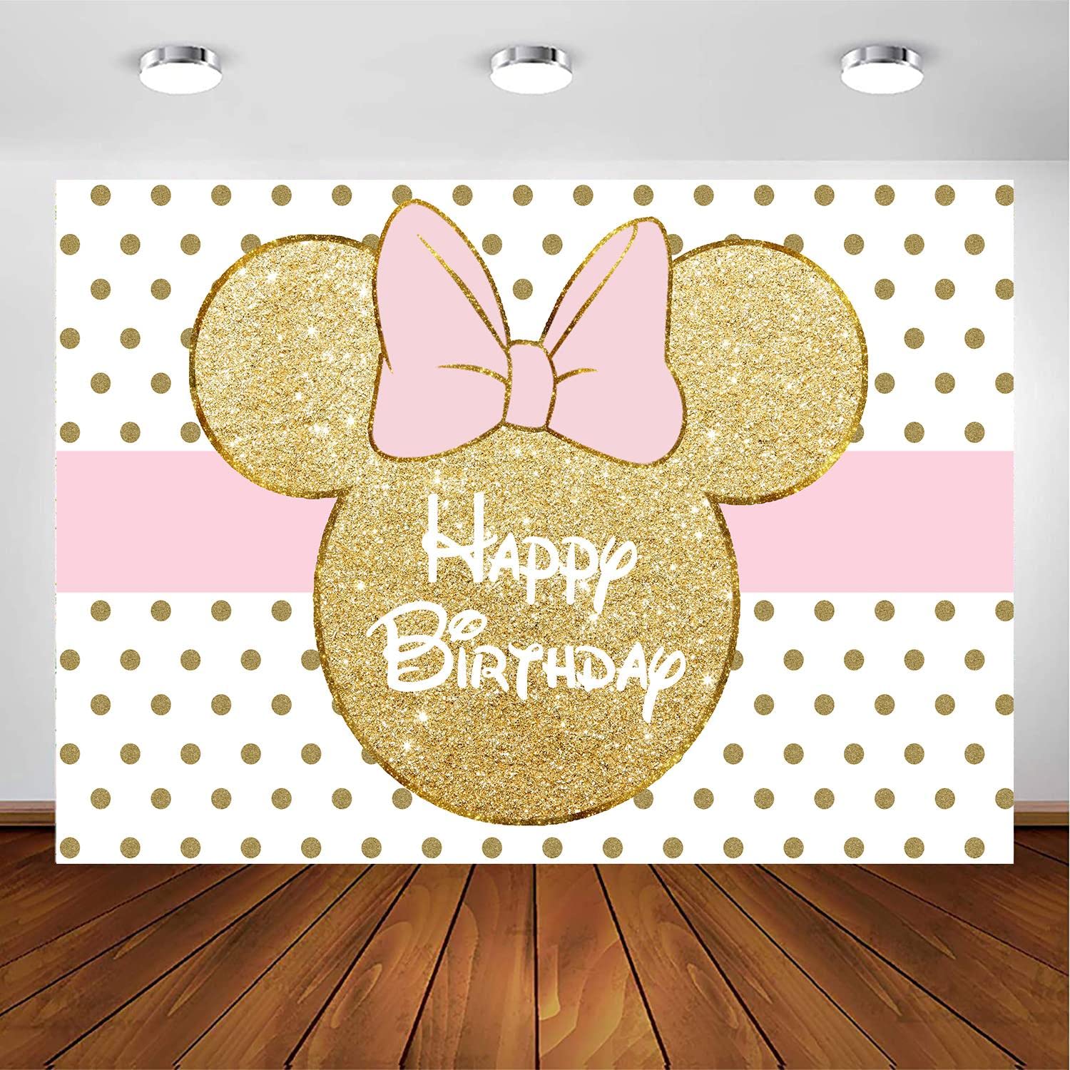 Withu Gold Mouse Backdrop Polka Dot Cartoon Pink Themed Princess Girl Birthday Party Baby Shower Newborn Photography Background Studio Props Banner 7x5ft