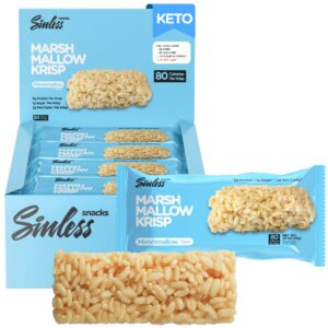 sinless snacks marsh mallow krisp - perfect keto snacks - delicious gluten free low carb snacks - marshmallow keto cereal bars - low sugar snack - only 1g sugar - 9g protein - 2g net-carbs - 8 pack