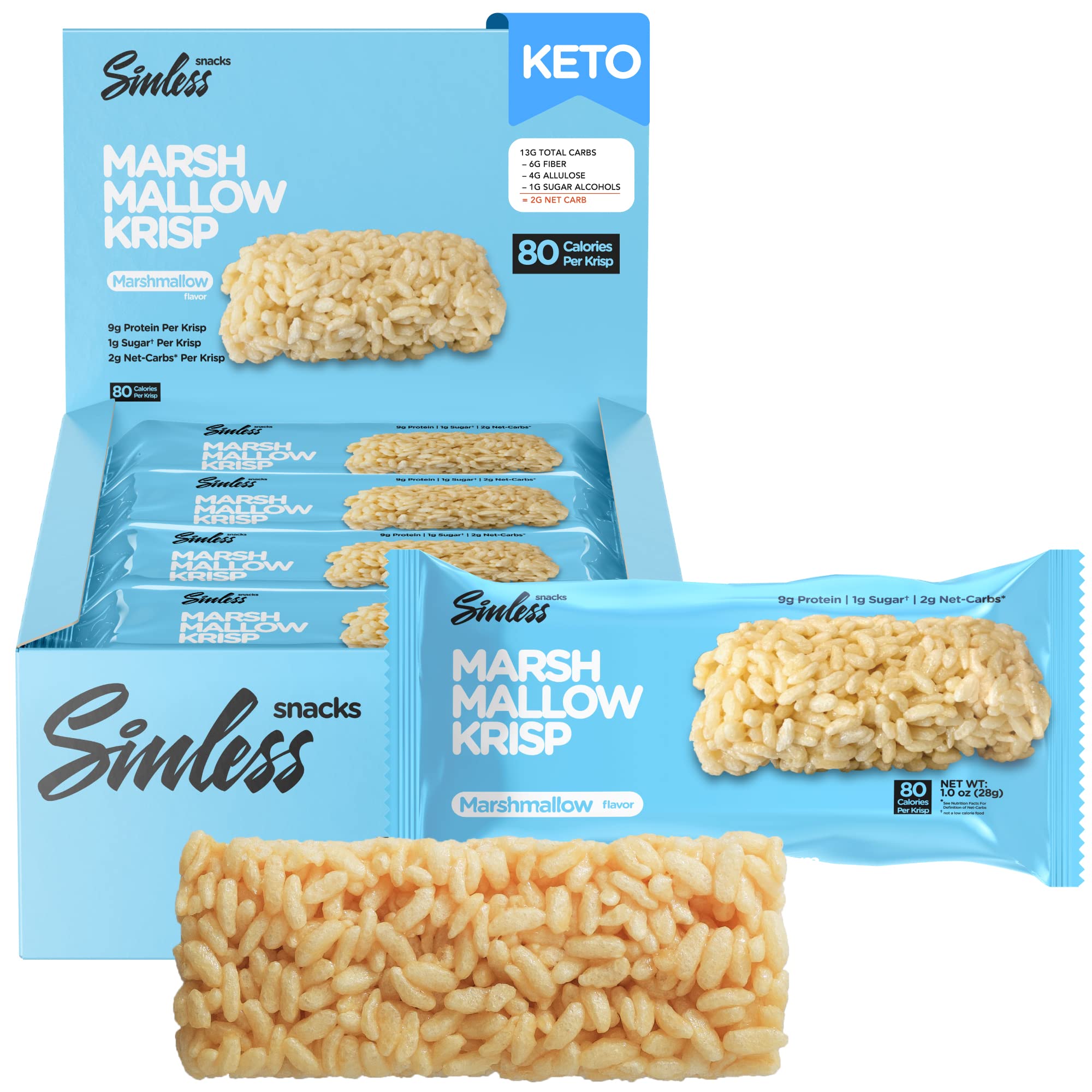 Sinless Snacks Marsh Mallow Krisp - Perfect Keto Snacks - Delicious Gluten Free Low Carb Snacks - Marshmallow Keto Cereal Bars - Low Sugar Snack - Only 1g Sugar - 9g Protein - 2g Net-Carbs - 8 Pack