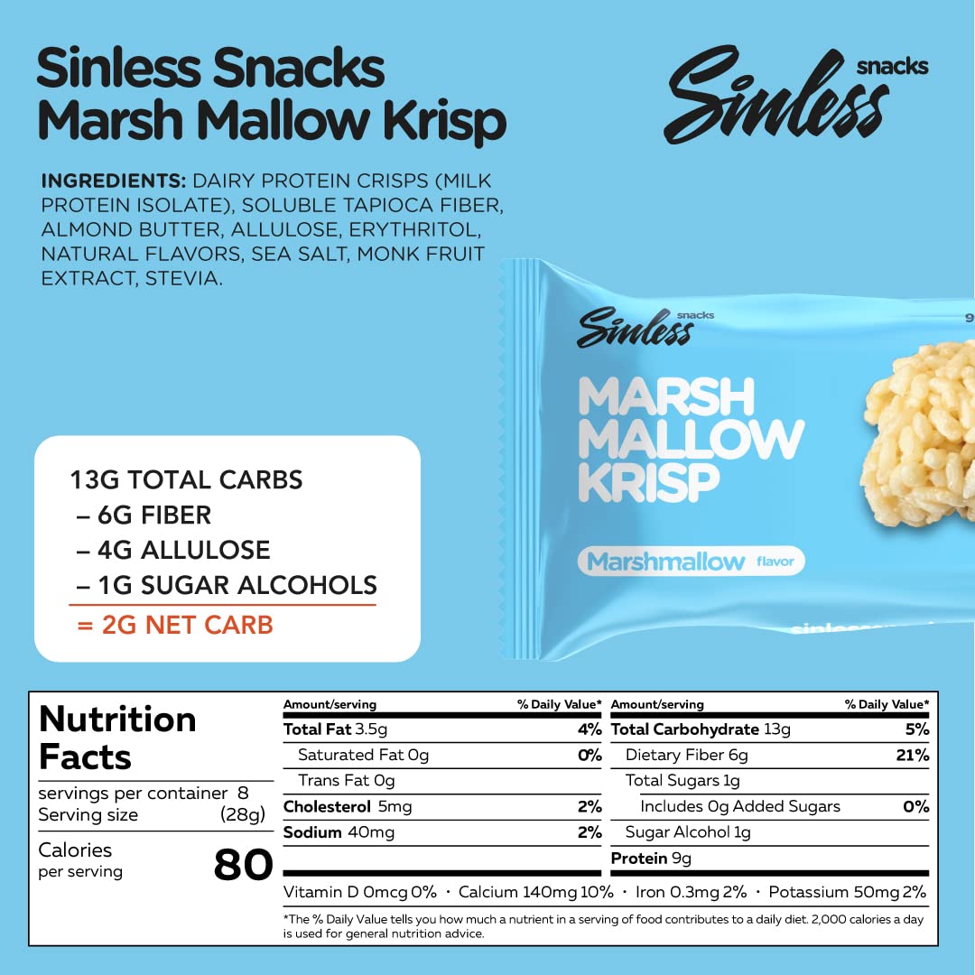 Sinless Snacks Marsh Mallow Krisp - Perfect Keto Snacks - Delicious Gluten Free Low Carb Snacks - Marshmallow Keto Cereal Bars - Low Sugar Snack - Only 1g Sugar - 9g Protein - 2g Net-Carbs - 8 Pack