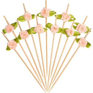 minisland pink rose flower fancy toothpicks for appetizers 4.7 inch long bamboo cocktail picks bridal shower wedding valentines party food fruit drinks decorative skewer sticks 100 counts –msl222