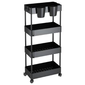 AIYAKA 4-Tier Rolling Utility Cart, with Wheels Multifunctional Storage Organizer, for Kitchen, Office, Home, School, Black