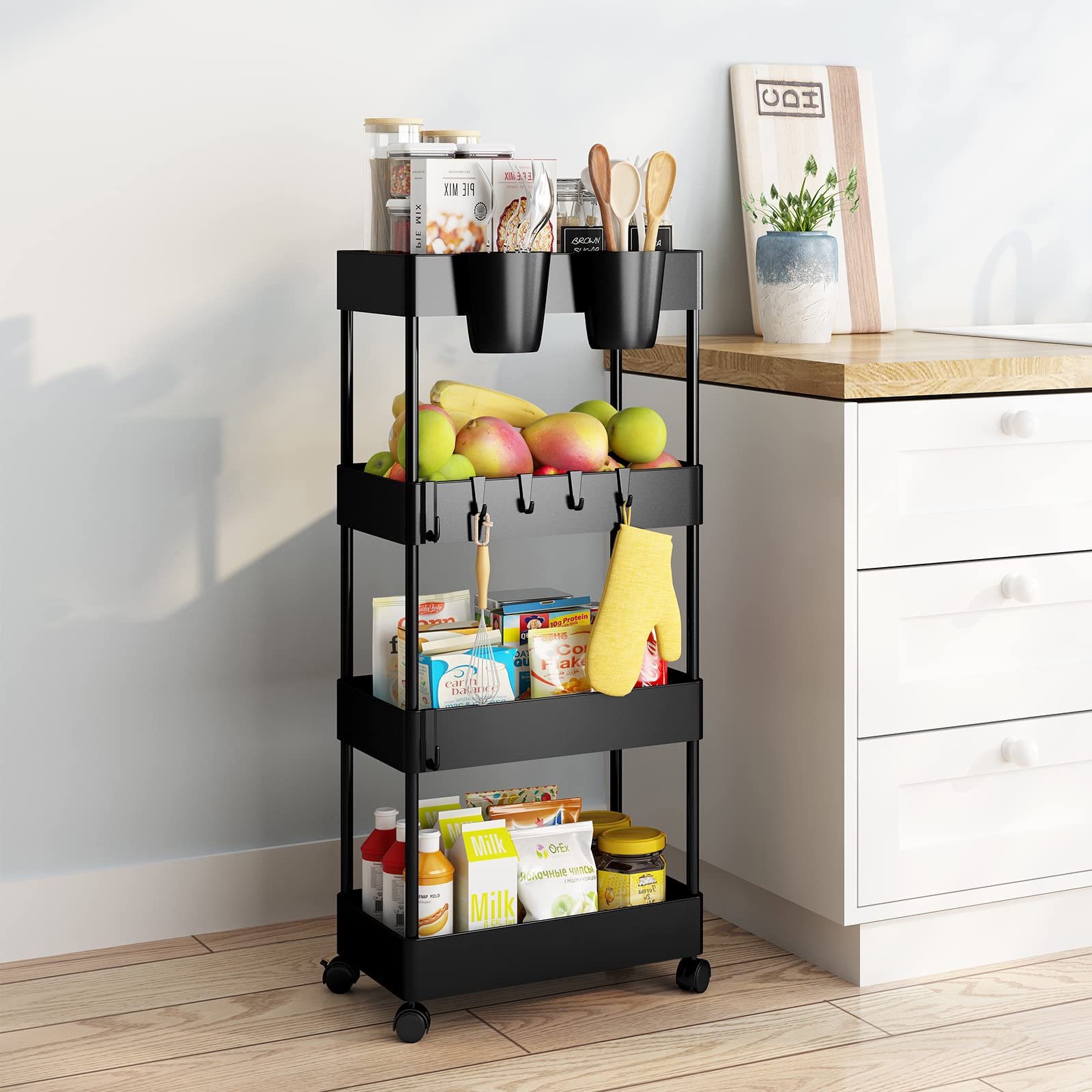 AIYAKA 4-Tier Rolling Utility Cart, with Wheels Multifunctional Storage Organizer, for Kitchen, Office, Home, School, Black