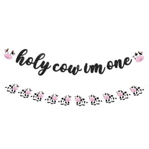 holy cow i'm one banner for cow themed birthday party glitter one cow banners farm animal party decorations cow 1st print birthday banners